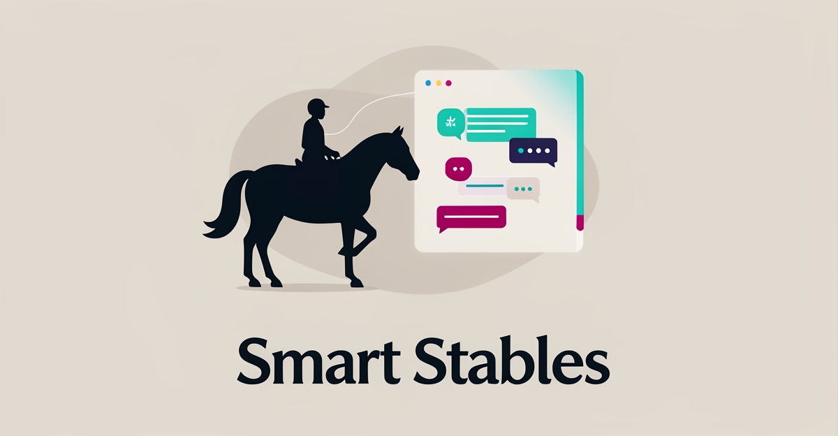 Flat illustration of a horse and rider beside an abstract AI chat interface, blending equine training with smart technology.