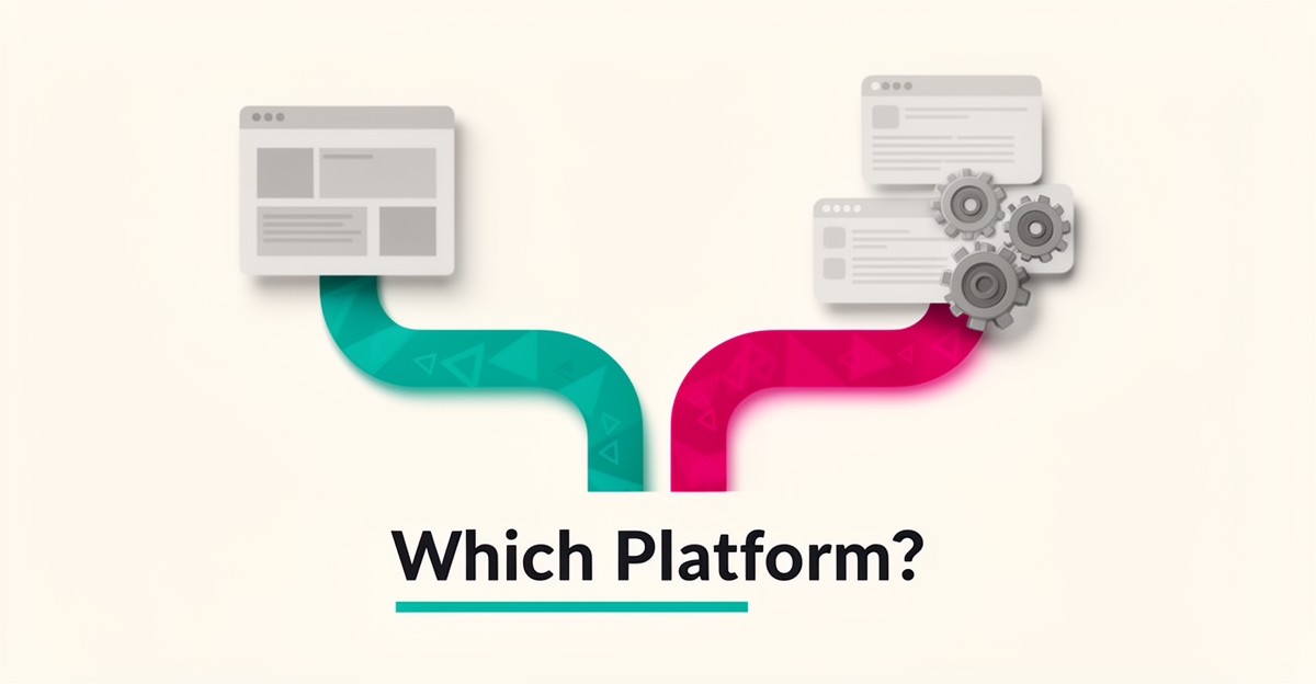 Flat illustration of two diverging paths comparing a rigid template website versus a flexible modular website, with headline 'Which Platform?'