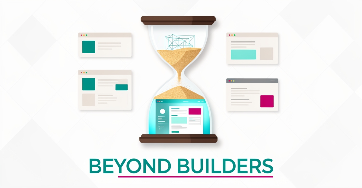 Flat illustration of an hourglass transforming a website wireframe into a finished site, symbolizing faster website alternatives to GoDaddy and Squarespace.