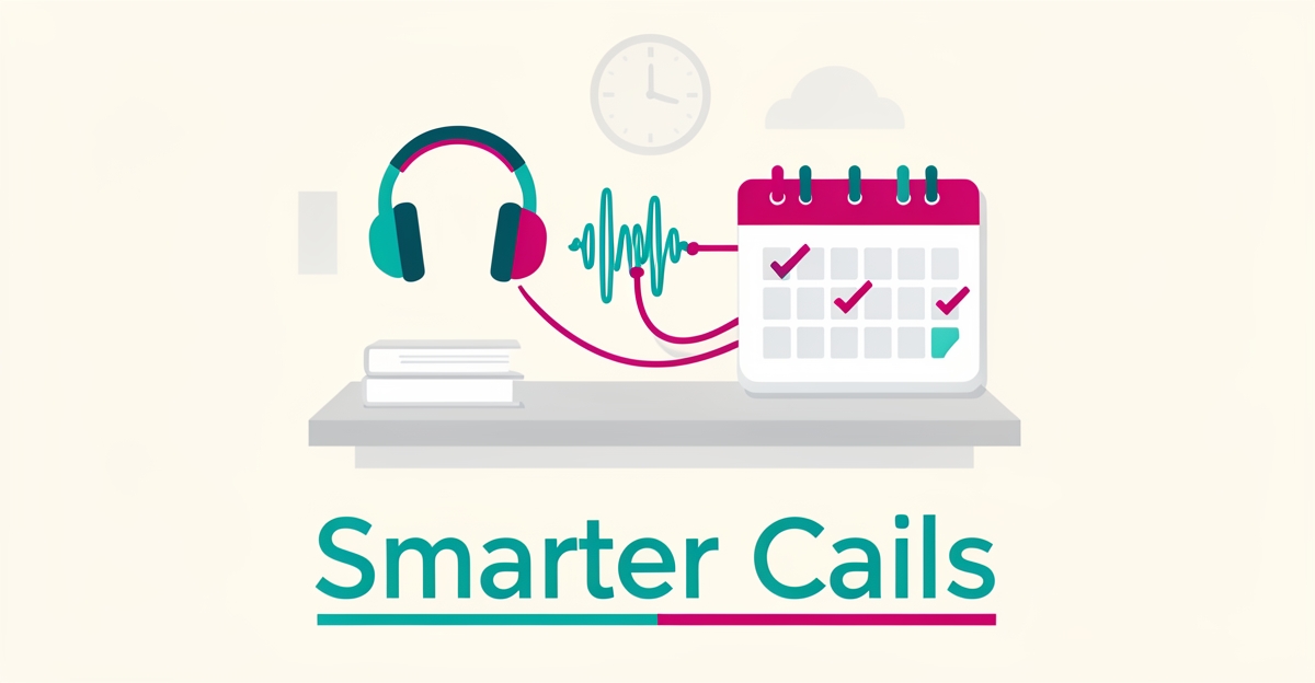 Flat illustration of AI voice waves connecting a headset to a scheduling calendar, representing automated patient call handling at imaging centers.