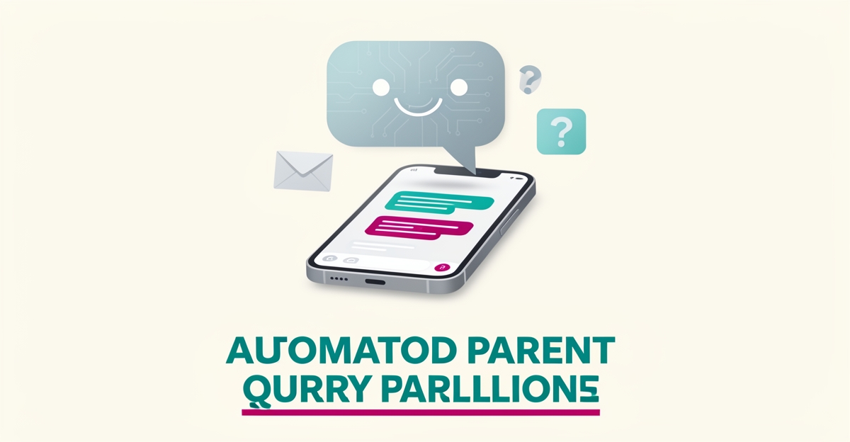 Flat illustration of a chatbot on a smartphone automatically sorting parent message icons in teal and magenta with headline AI Answers Parents.