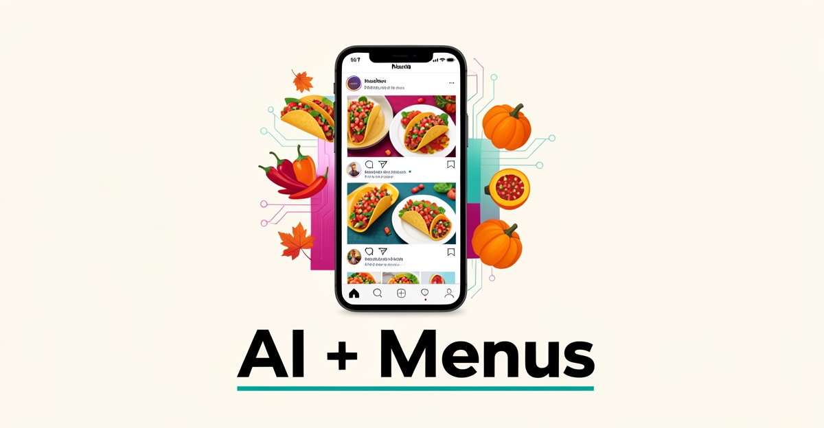Flat illustration of a smartphone with AI-generated social media posts showcasing seasonal Mexican dishes, accented in teal and magenta.