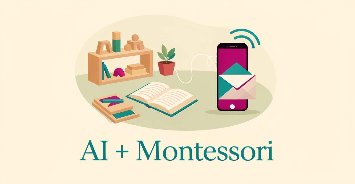 Flat illustration of Montessori classroom materials with phone and email icons connected by teal and magenta accents, headlined AI + Montessori.