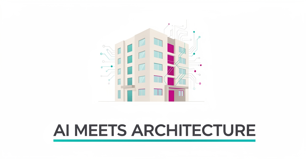 Flat illustration of a multifamily apartment building merging with digital AI circuit motifs in teal and magenta, symbolizing AI-assisted architectural design.