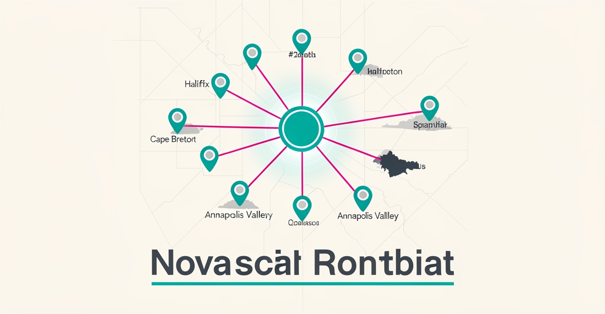 Flat illustration of one teal digital hub connected to Nova Scotia location pins, symbolizing a unified local SEO strategy.
