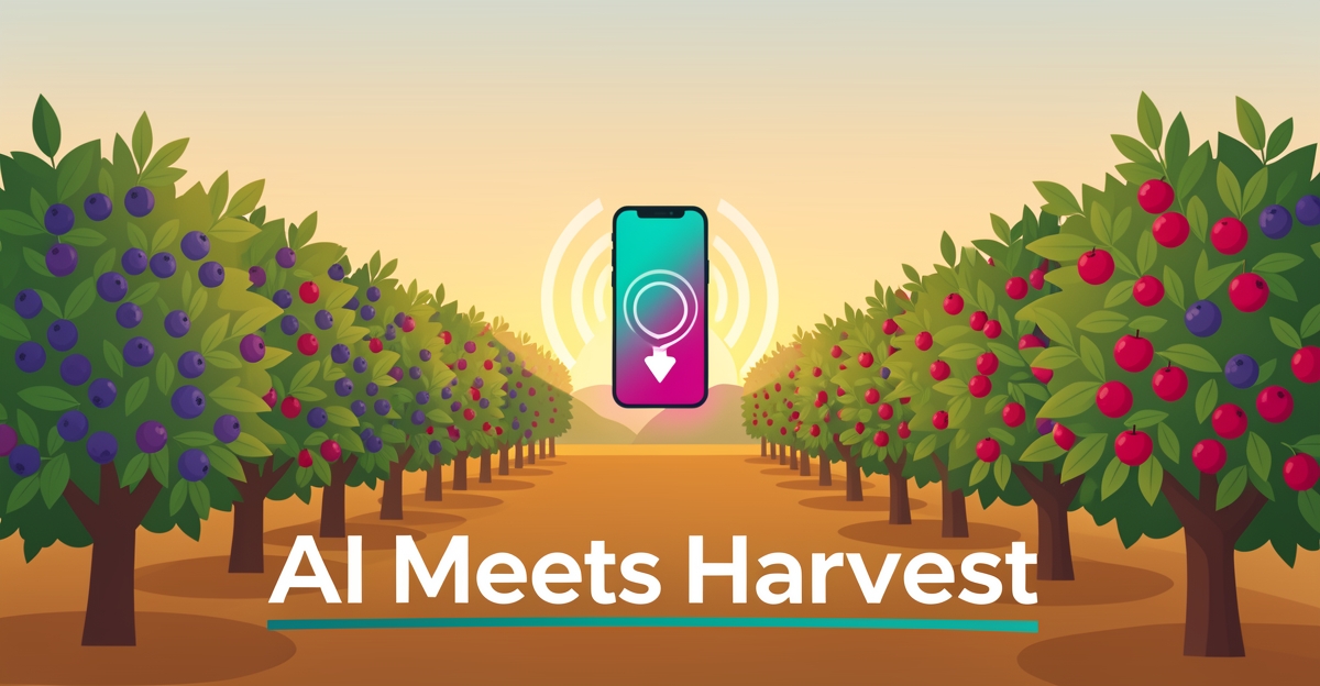 Flat illustration of a Nova Scotia U-Pick orchard with a smartphone sending automated harvest alerts, accented in teal and magenta.
