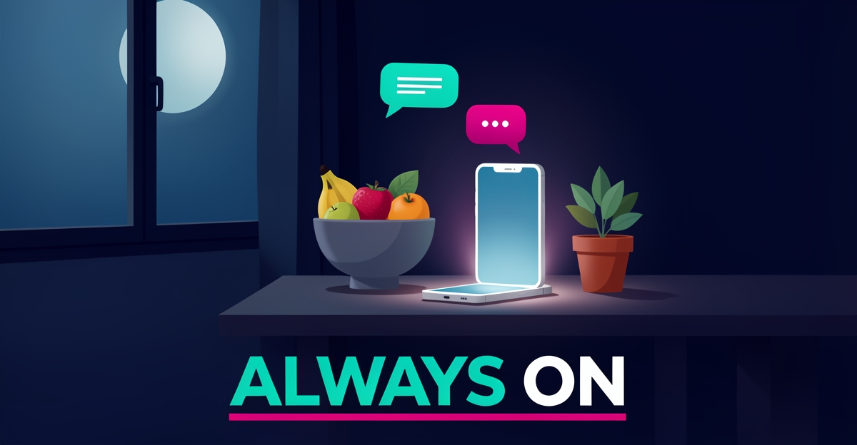 Flat illustration of a glowing smartphone with a chat assistant icon on a desk at night, accented in teal and magenta, with the headline Always On.