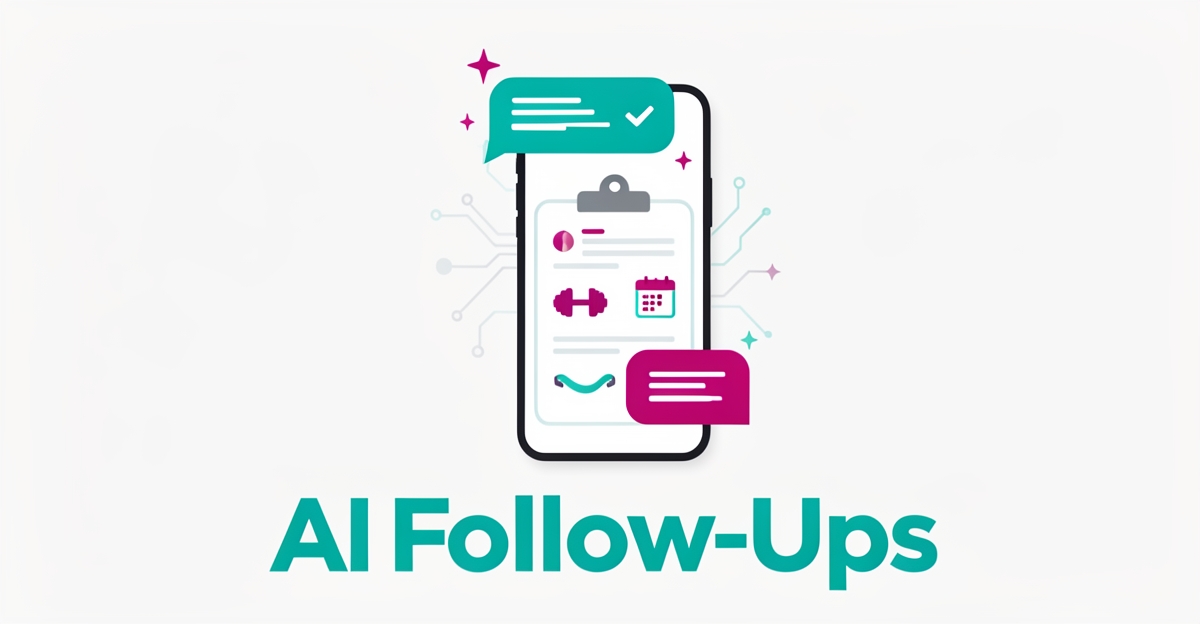 Flat illustration of a smartphone chat bubble linked to therapy exercise icons, representing AI-generated patient follow-up messages in healthcare.