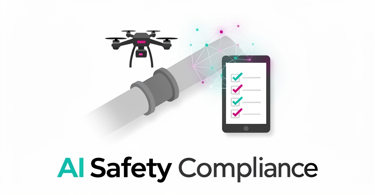 Flat illustration of pipeline inspection with AI checklist reducing compliance documentation time.