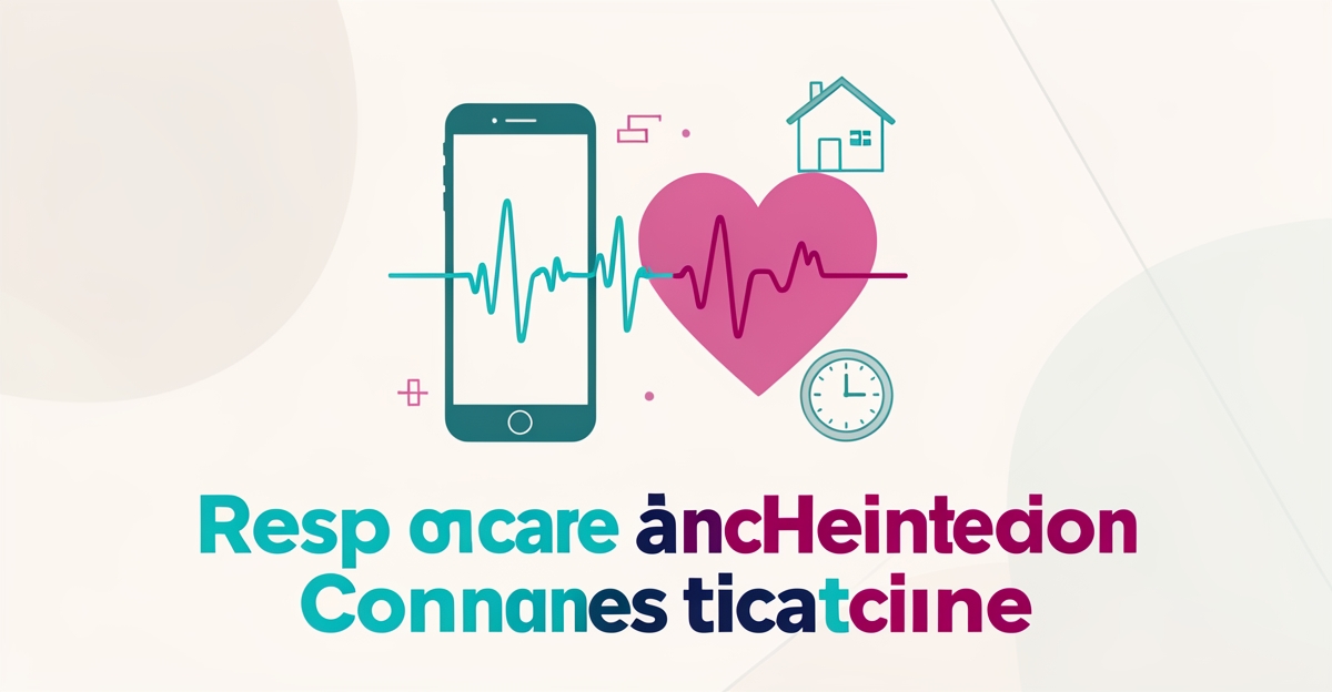 Flat illustration of AI voice calls for respite care with waveform and heart pulse in teal and magenta accents.