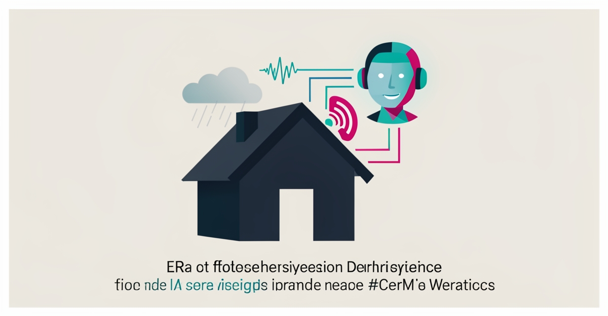 Flat illustration of roof inspection call capture with AI assistant and CRM integration using teal and magenta accents.