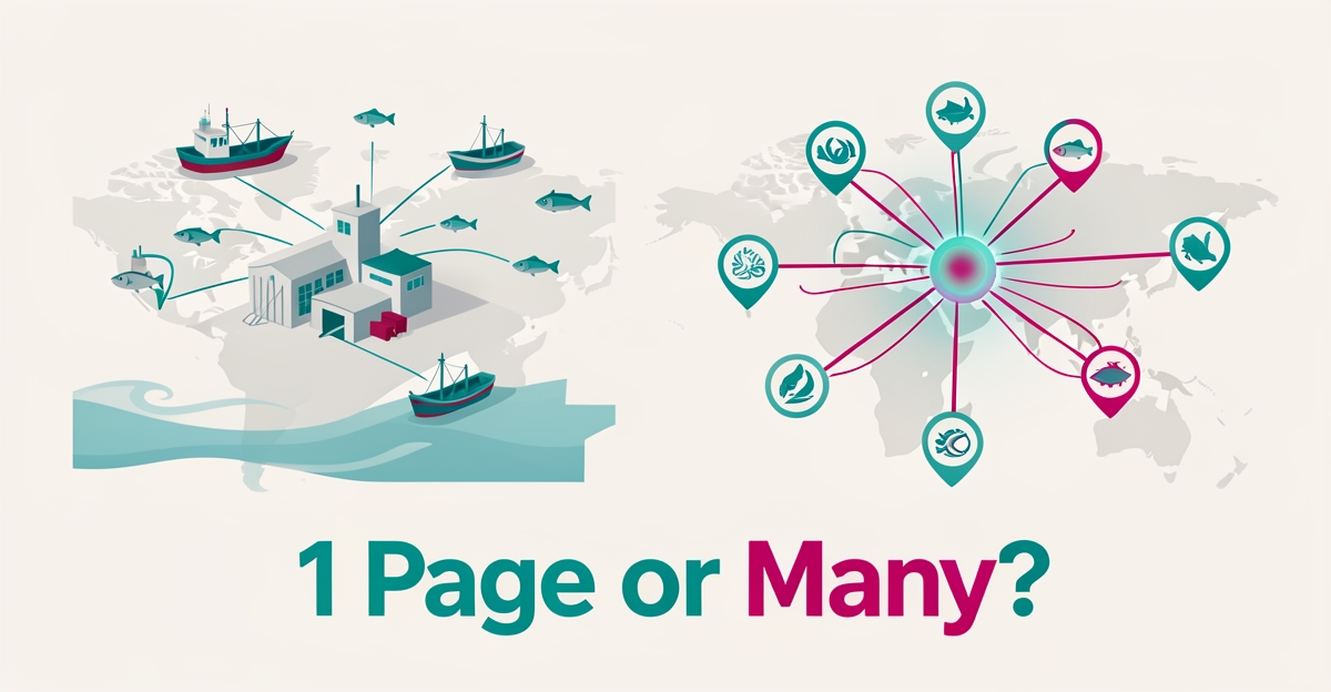 Flat illustration of a seafood processing hub connecting to regional map markers, symbolizing one dynamic page versus many regional pages.