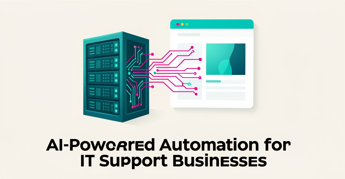 Flat illustration of a server rack connected by glowing AI circuit lines to a website window in teal and magenta, representing AI-powered websites for server support businesses.
