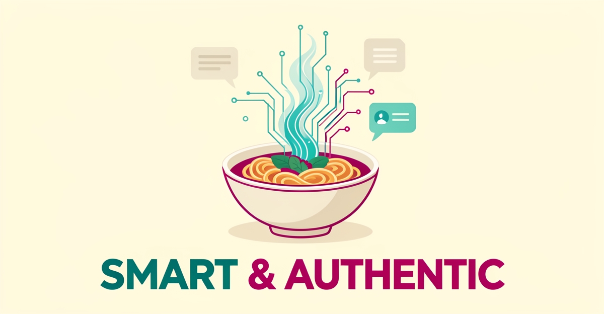 Flat illustration of a Thai noodle bowl merging with digital data streams in teal and magenta, symbolizing AI content for restaurants.