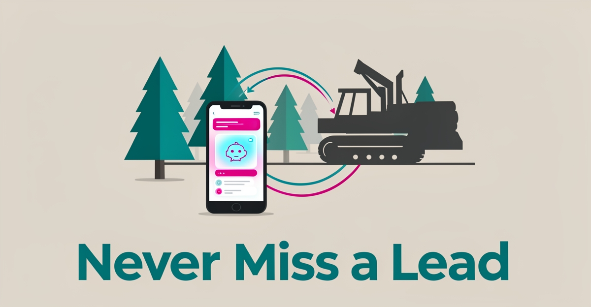 Flat illustration of a timber harvester and smartphone with AI chatbot notifications, symbolizing automated lead follow-up for logging companies.