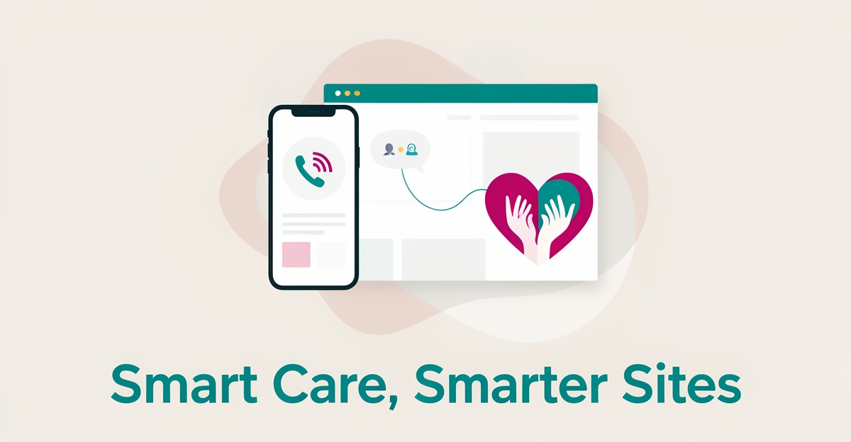 Flat illustration of a smartphone and website with AI call handling connecting to a calming care symbol in teal and magenta.