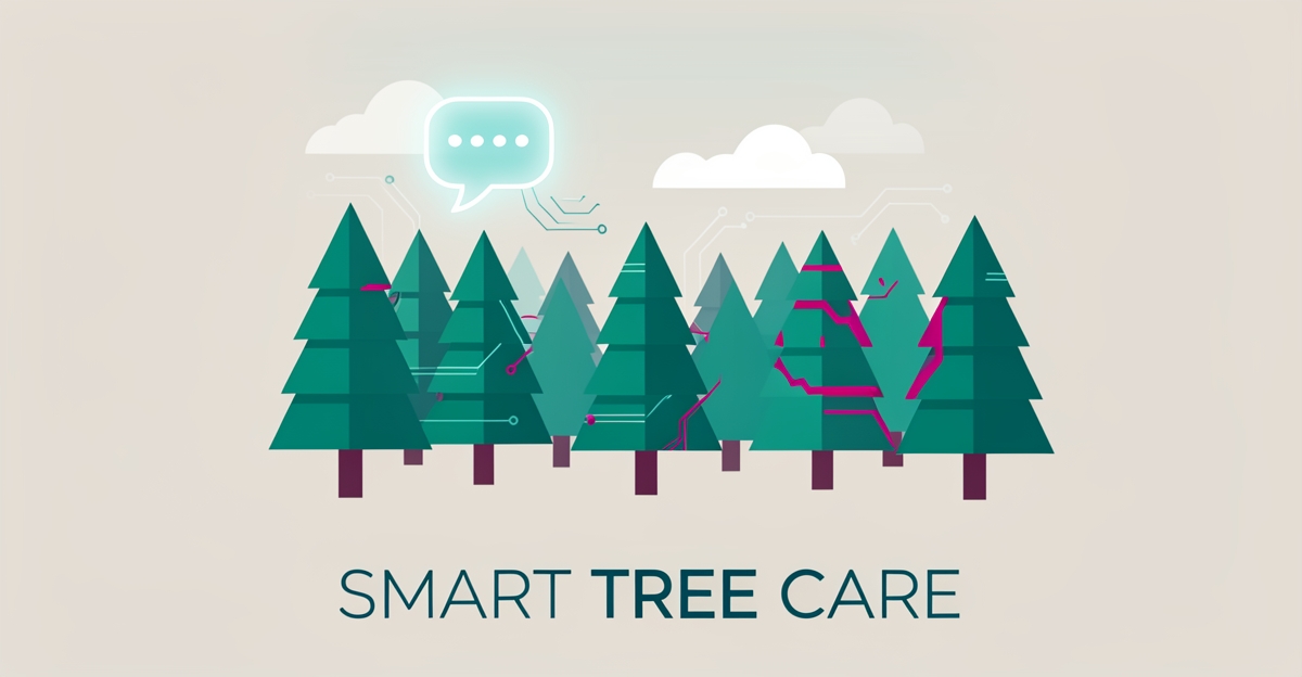 Flat illustration of a tree farm with digital chat and AI icons in teal and magenta, symbolizing AI-powered customer tree care service.