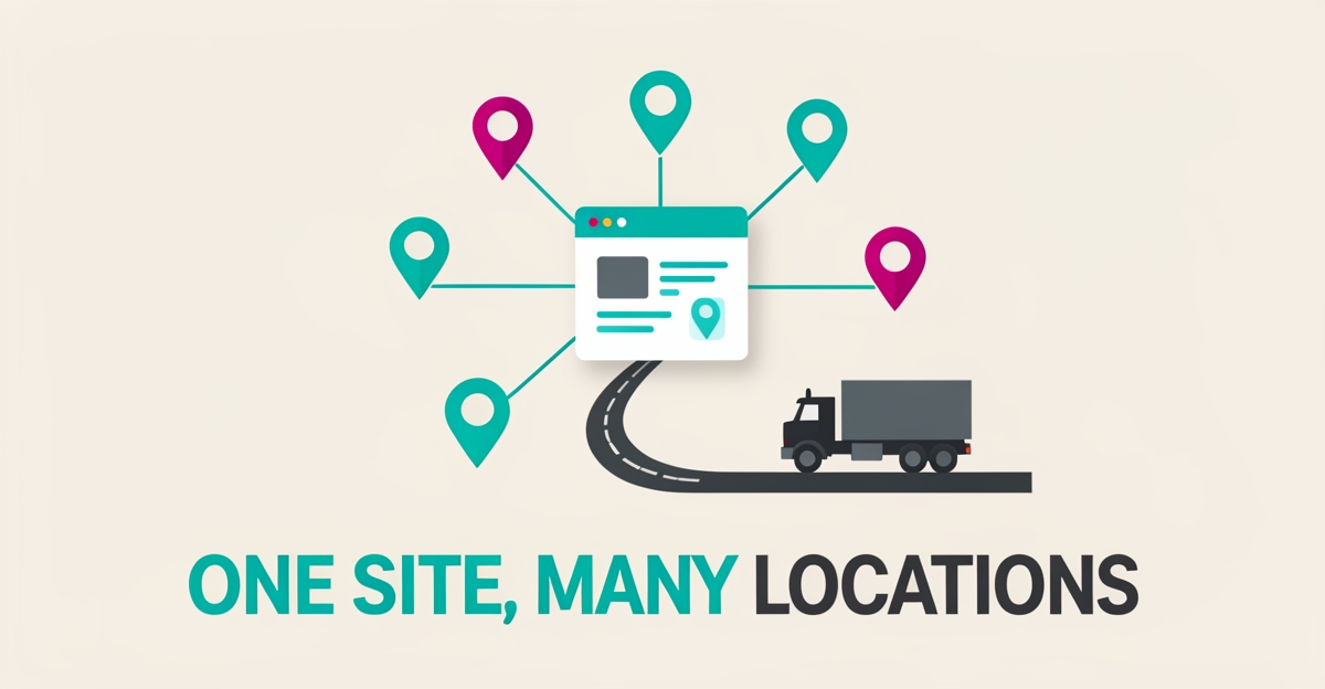 Flat illustration of a central website hub connected to multiple truck driving school location pins with a semi truck on a road, accented in teal and magenta.