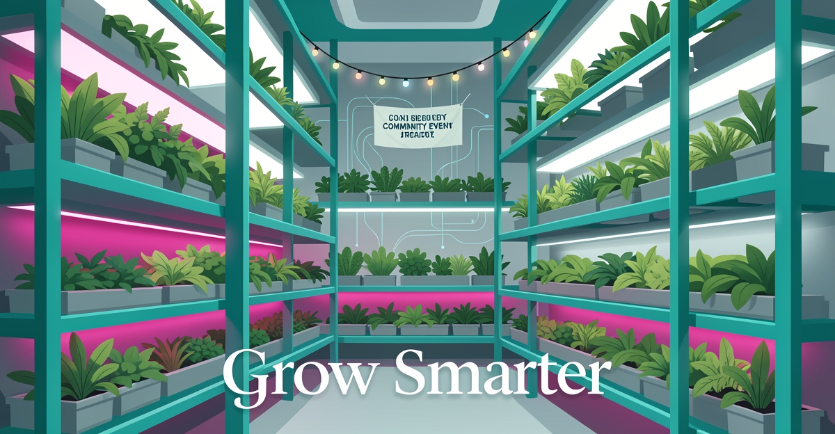 Flat illustration of a vertical farm with teal and magenta accents, data streams, and community event lighting beneath the headline Grow Smarter.