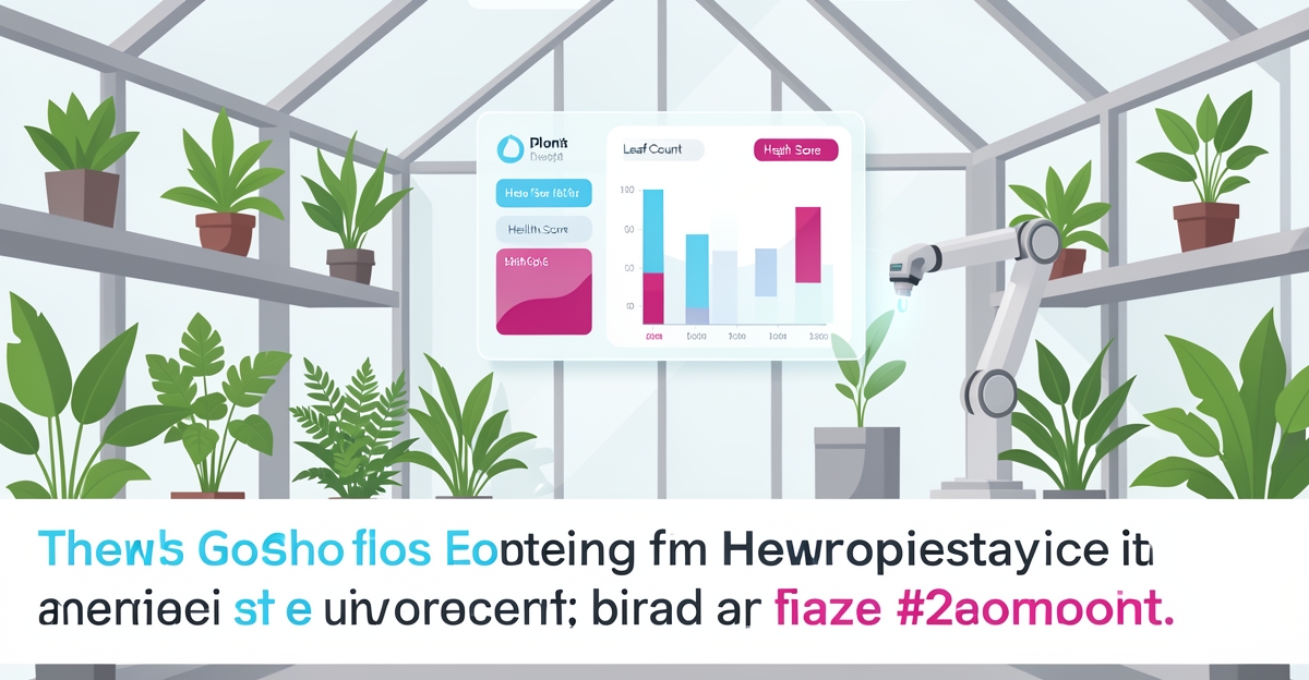 Modern flat illustration of a smart greenhouse with AI-driven plant monitoring, featuring a holographic dashboard and robotic sensor, branded in teal and magenta, with headline 'Automate Plant Reports' in the lower third