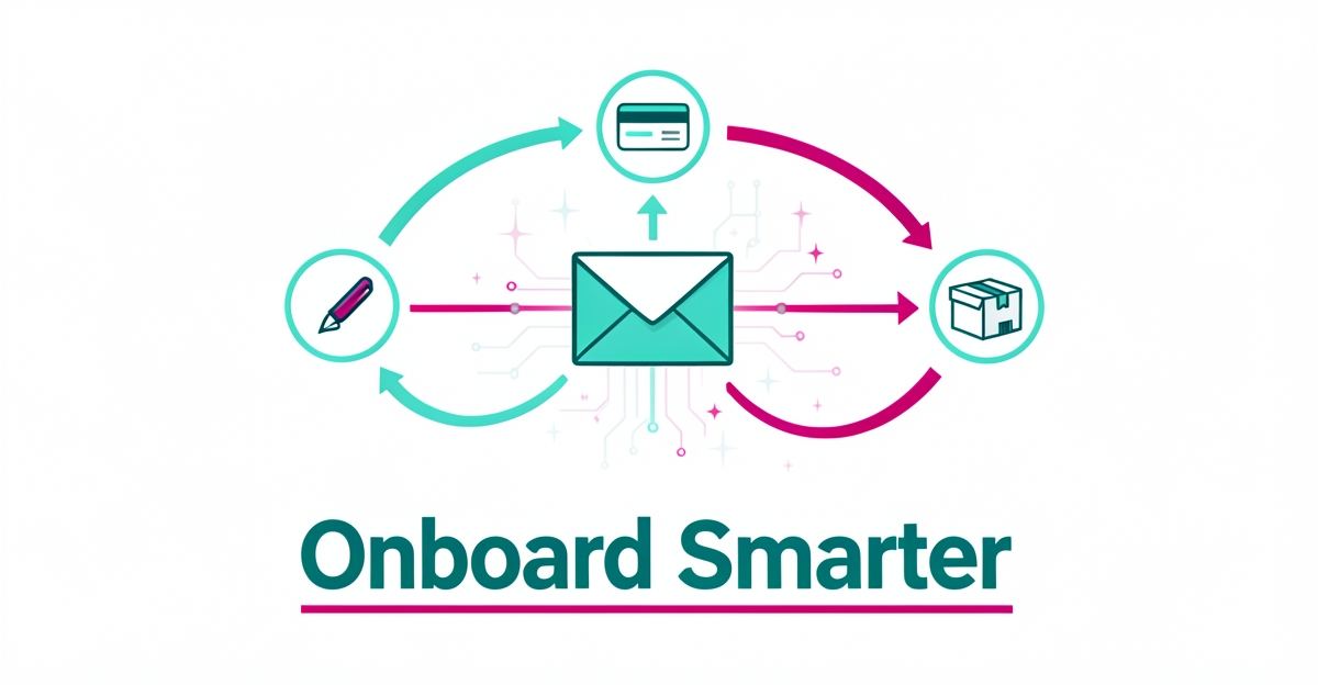 Flat illustration showing automated email onboarding flow connecting contract, payment, and delivery milestones with AI accents.
