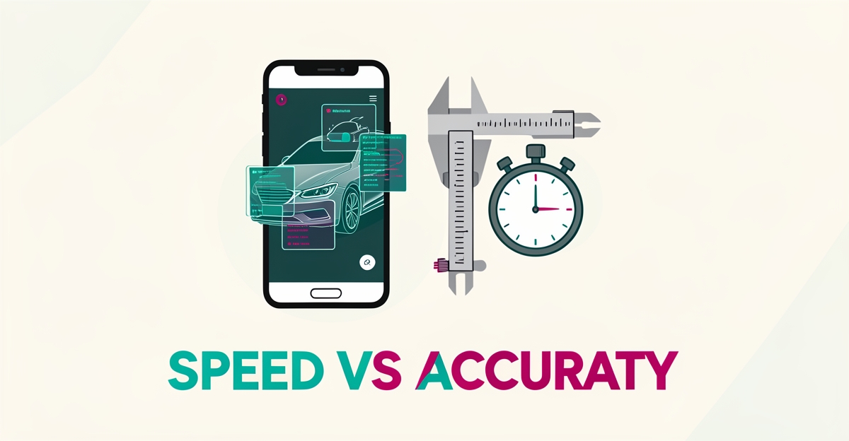 Flat illustration of a smartphone scanning a car dent beside a stopwatch and caliper, symbolizing balancing speed and accuracy in AI dent estimates.
