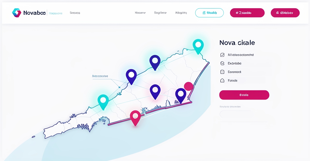 A minimalist flat illustration of a unified website with AI-powered location targeting across Nova Scotia, using brand colors for accent highlights on a map interface.