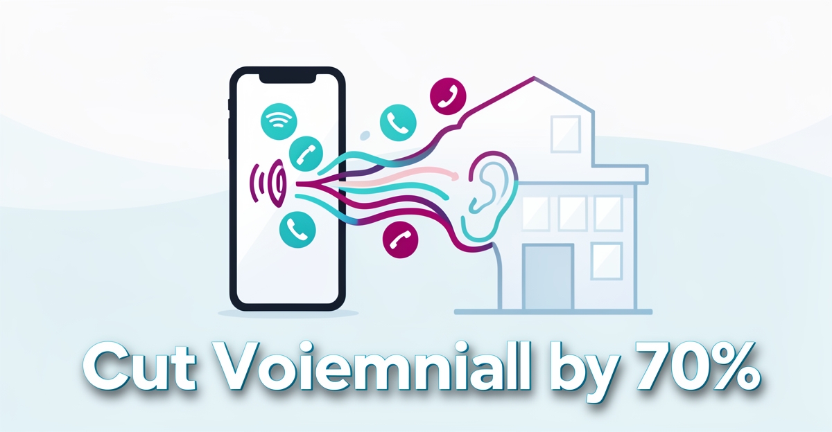 Flat illustration of a smartphone directing call waves toward an ENT clinic symbol, representing AI phone automation reducing voicemail rates in healthcare settings.
