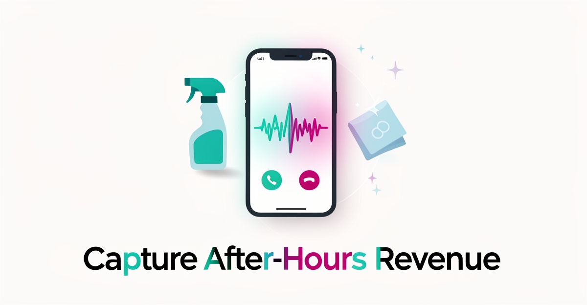 Flat illustration of a glowing phone with cleaning icons showing AI receptionist capturing after-hours calls for deep cleaning business.