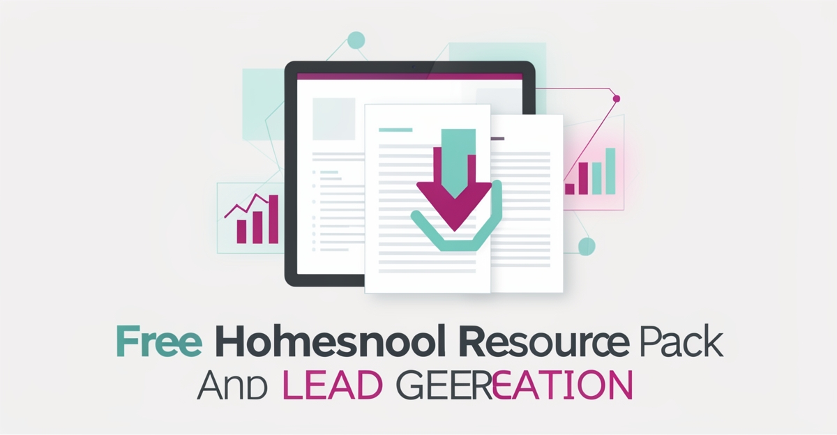 Flat illustration of a tablet, worksheets, and data charts in teal and magenta representing a free homeschool resource pack lead strategy.