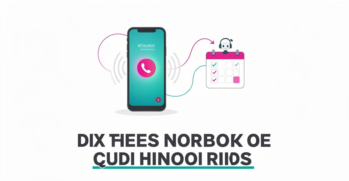 Flat illustration of a smartphone receiving a call linked to an AI assistant booking calendar in teal and magenta accents.