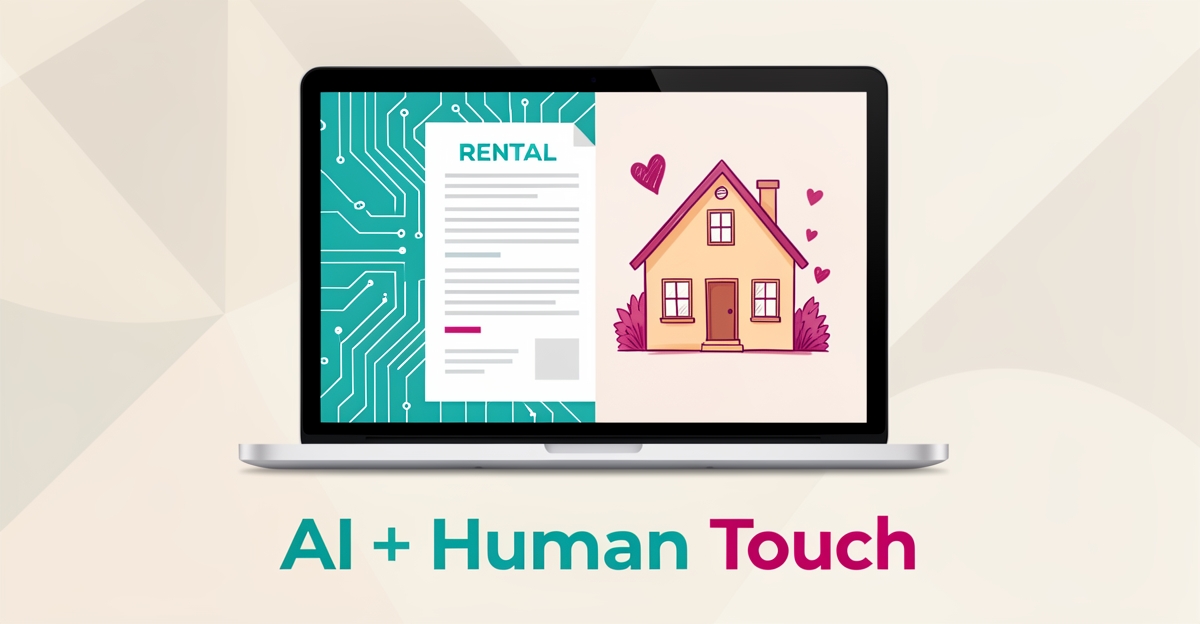 Flat illustration of a laptop with a rental listing, blending AI circuit lines and a warm hand-drawn home, symbolizing hybrid AI and human writing.