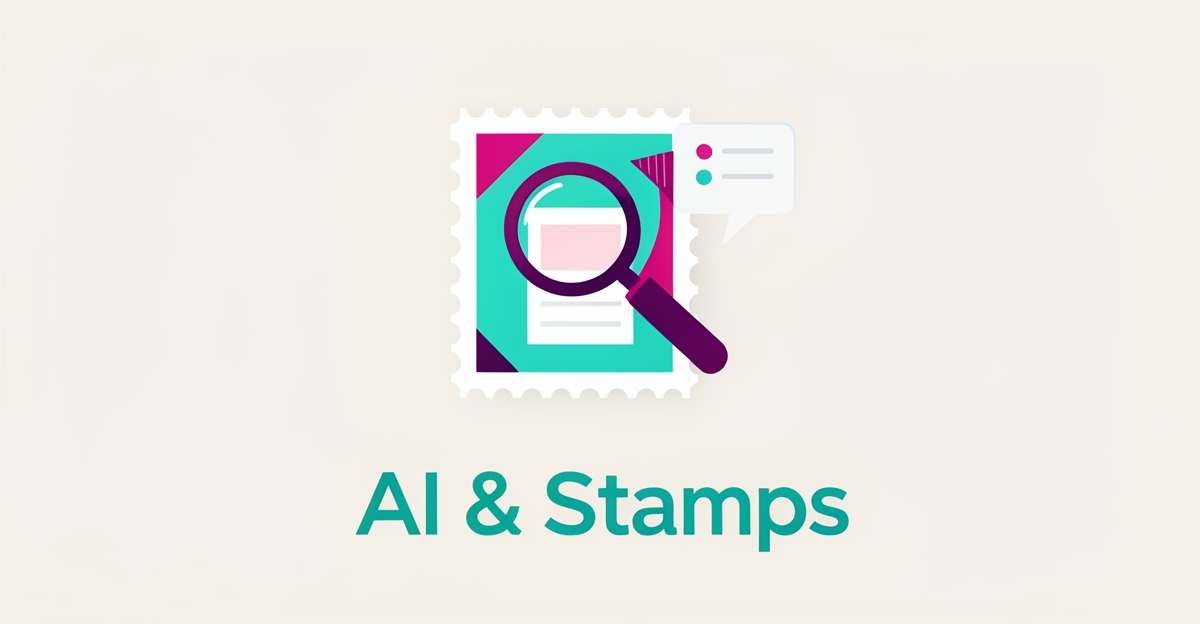 Flat illustration of a magnifying glass inspecting a postage stamp beside an AI chat bubble in teal and magenta brand colors.