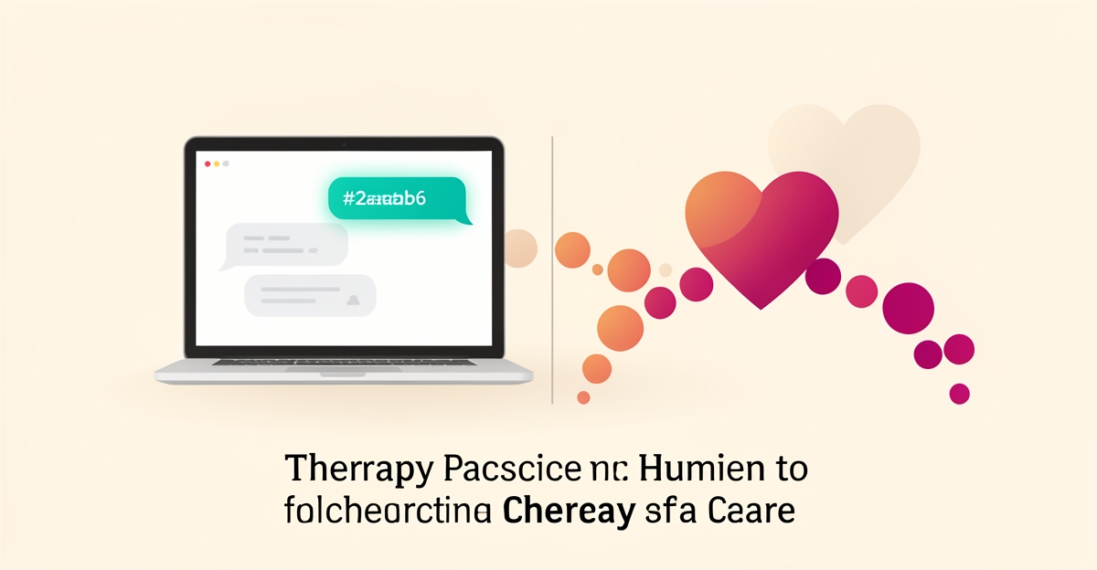 Flat illustration of AI chat bubbles triaging therapy practice questions while human connection flows toward a heart, with headline AI Meets Therapy.