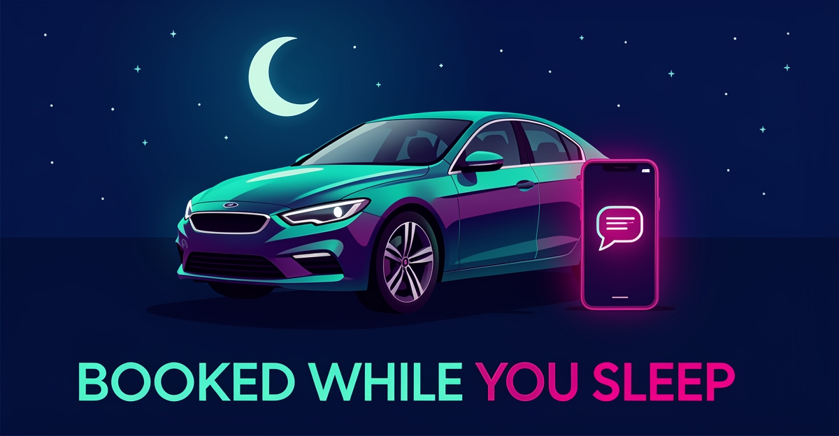 Flat illustration of a car being detailed at night beside a glowing chatbot phone, symbolizing AI capturing late-night detailing bookings.