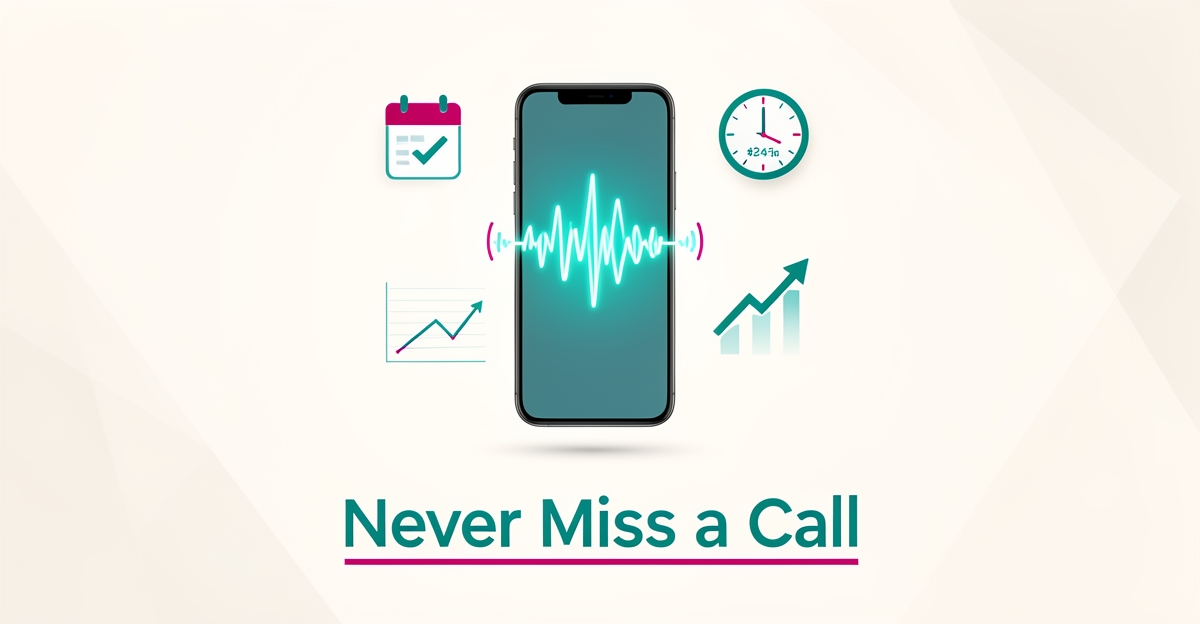 Flat illustration of a smartphone with a glowing soundwave and booking icons, symbolizing AI voice automation answering client calls.