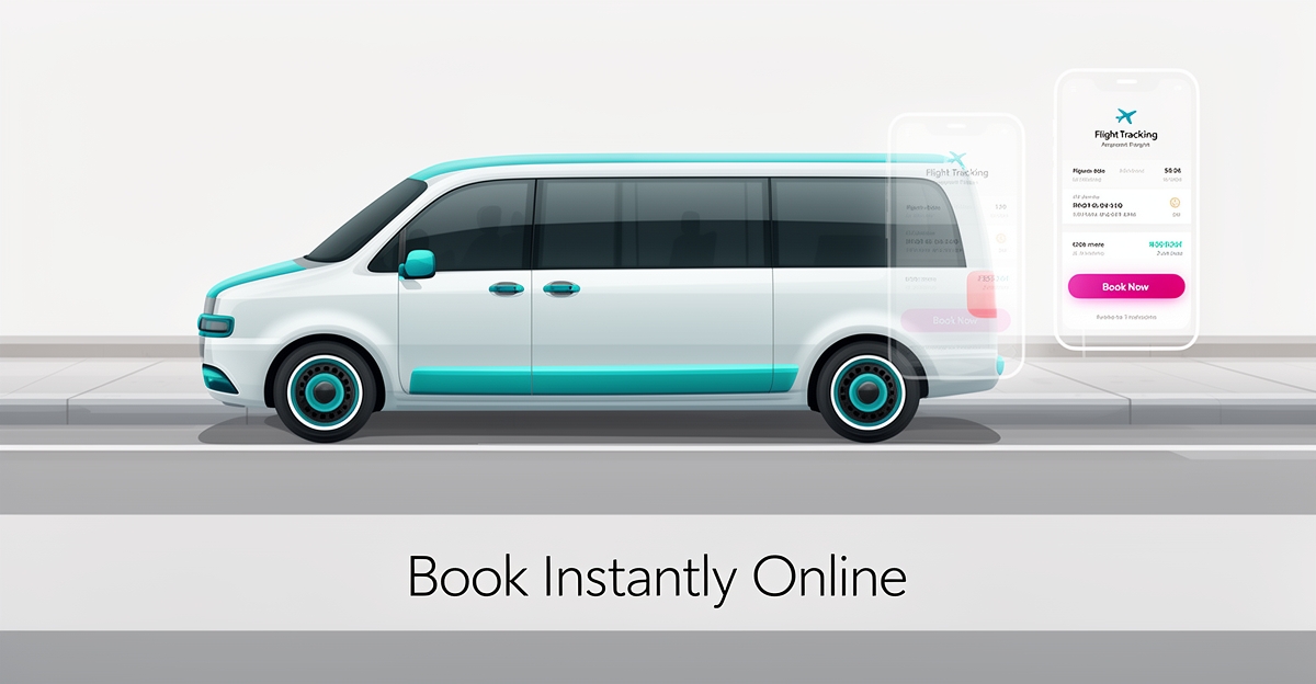A modern airport shuttle van with a subtle digital booking interface overlay, featuring brand-colored accents and the headline 'Book Instantly Online' in the lower third.