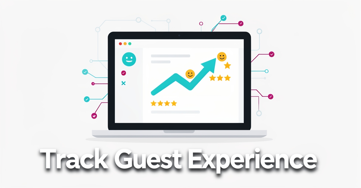 A minimalist flat illustration of a laptop showing guest feedback analytics with star ratings and smiley icons, accented in brand blue and magenta, with the headline 'Track Guest Experience' in the lower third.