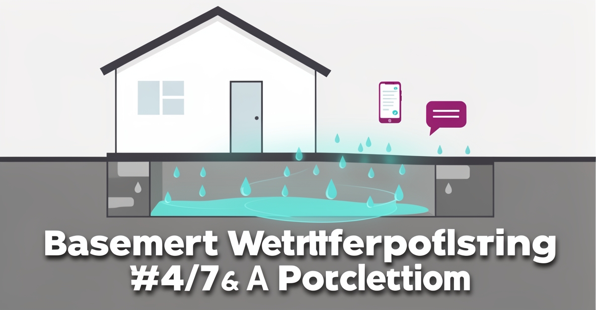 Modern flat illustration of a dry basement with AI-assisted water diversion and communication icons, featuring the headline 'Never Miss a Call' in the lower third.