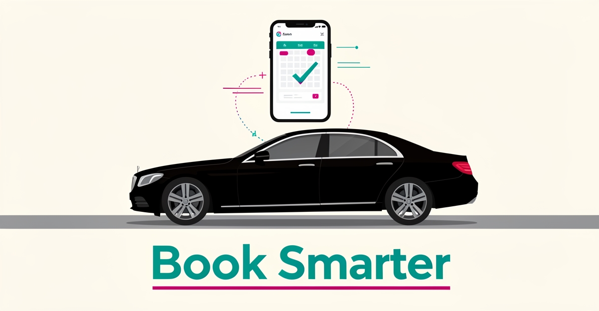 Flat illustration of a black luxury sedan connected to a smartphone booking calendar, symbolizing online booking for black car services.
