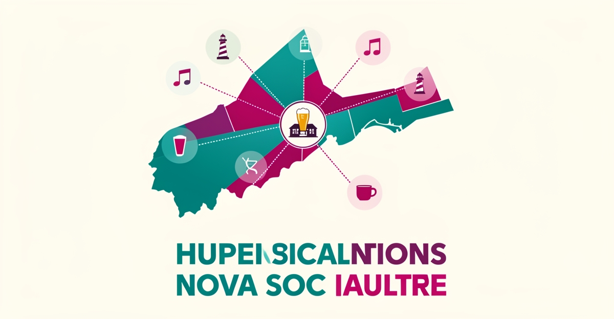 Flat illustration of a Nova Scotia map with a brewpub hub connecting distinct neighborhood zones, accented in teal and magenta.