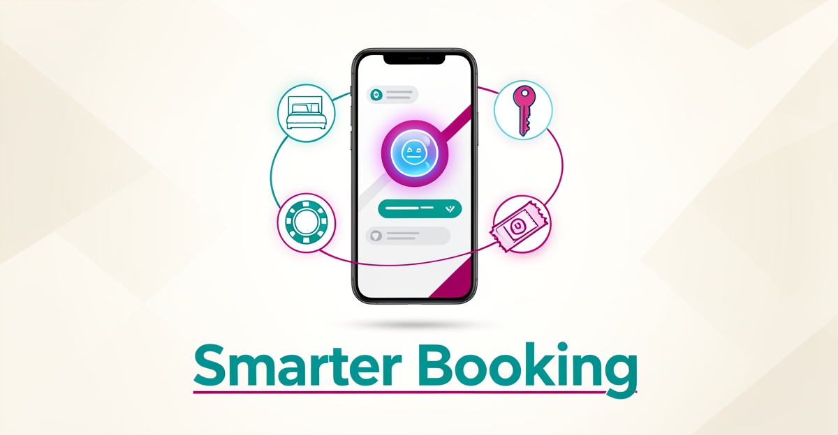 Flat illustration of a smartphone with an AI chat assistant orb surrounded by hotel, casino, and show booking icons in teal and magenta.