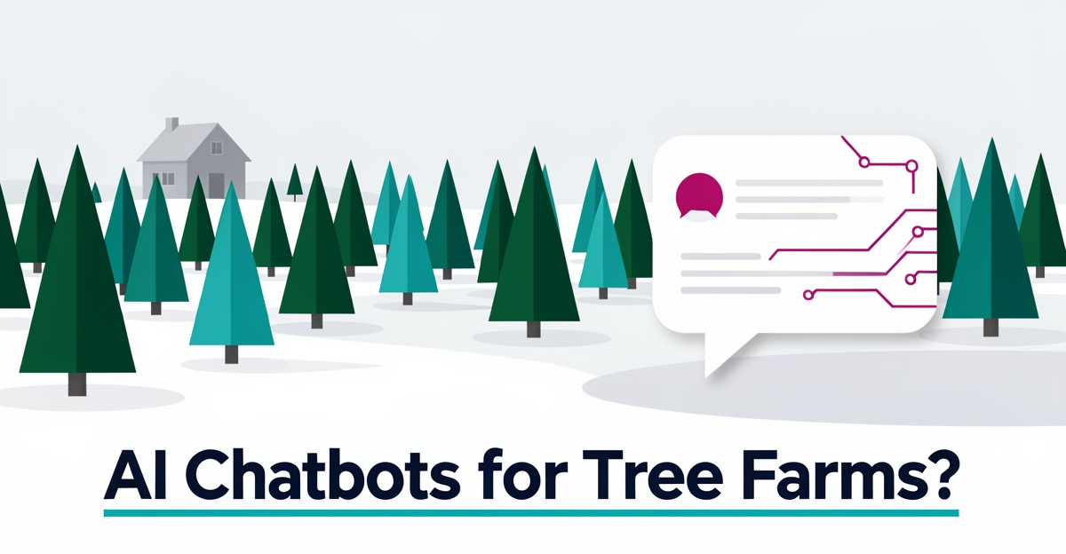 Flat illustration of a snowy Christmas tree farm with a stylized AI chatbot speech bubble, blending agriculture with modern technology.