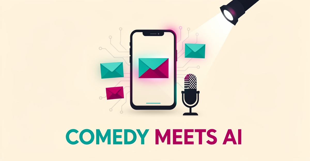 Flat illustration of a smartphone with email icons and AI circuit motifs beside a comedy stage microphone in teal and magenta.