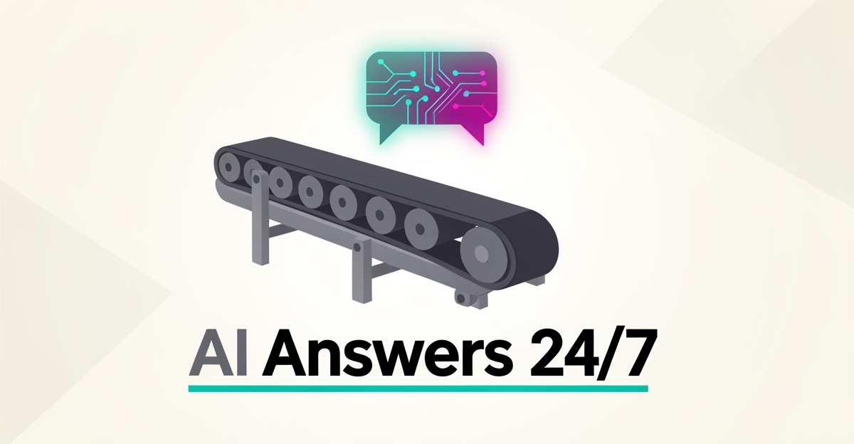 Flat illustration of a conveyor belt system with a glowing AI chat bubble, symbolizing 24/7 automated customer response for repair shops.
