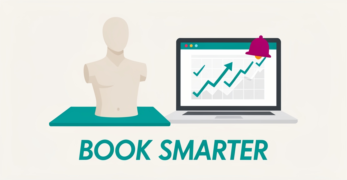 Flat illustration of a CPR training manikin beside a laptop with a teal calendar interface, symbolizing online booking for training businesses.