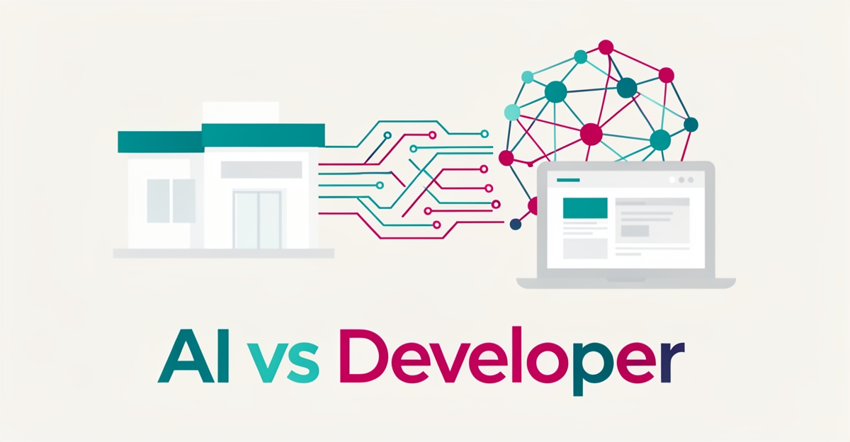 Flat illustration of a dental clinic connected to an AI neural network, comparing AI-built websites with developer-built sites in teal and magenta.