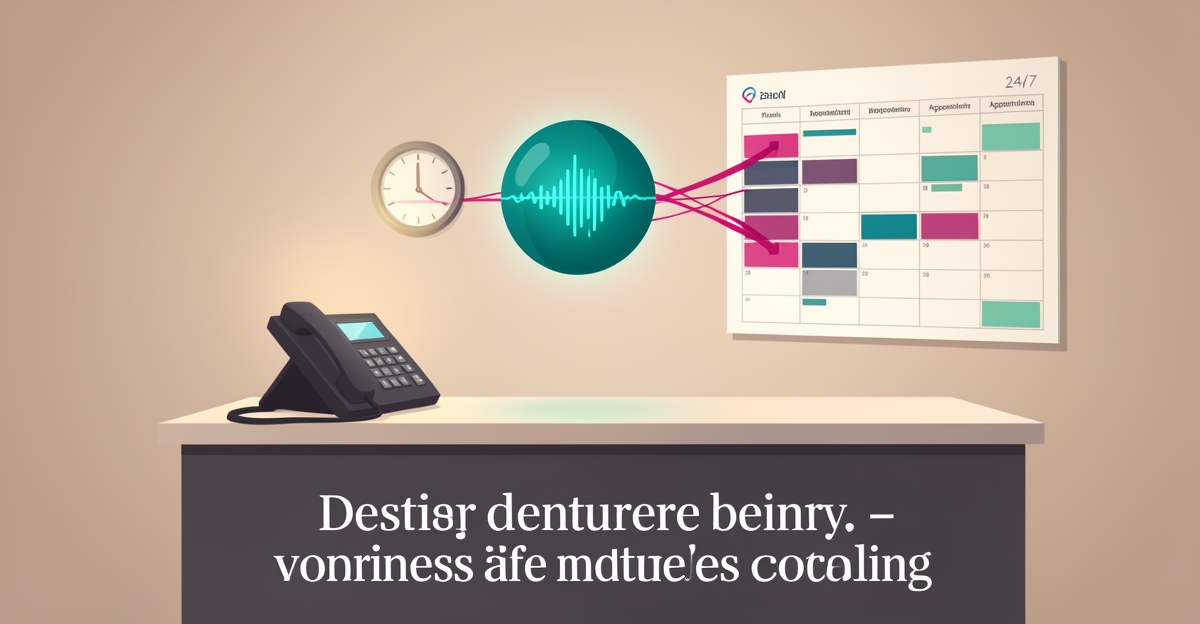 Flat illustration of a denture clinic reception desk with a glowing AI voice assistant orb booking appointments beside a ringing phone.