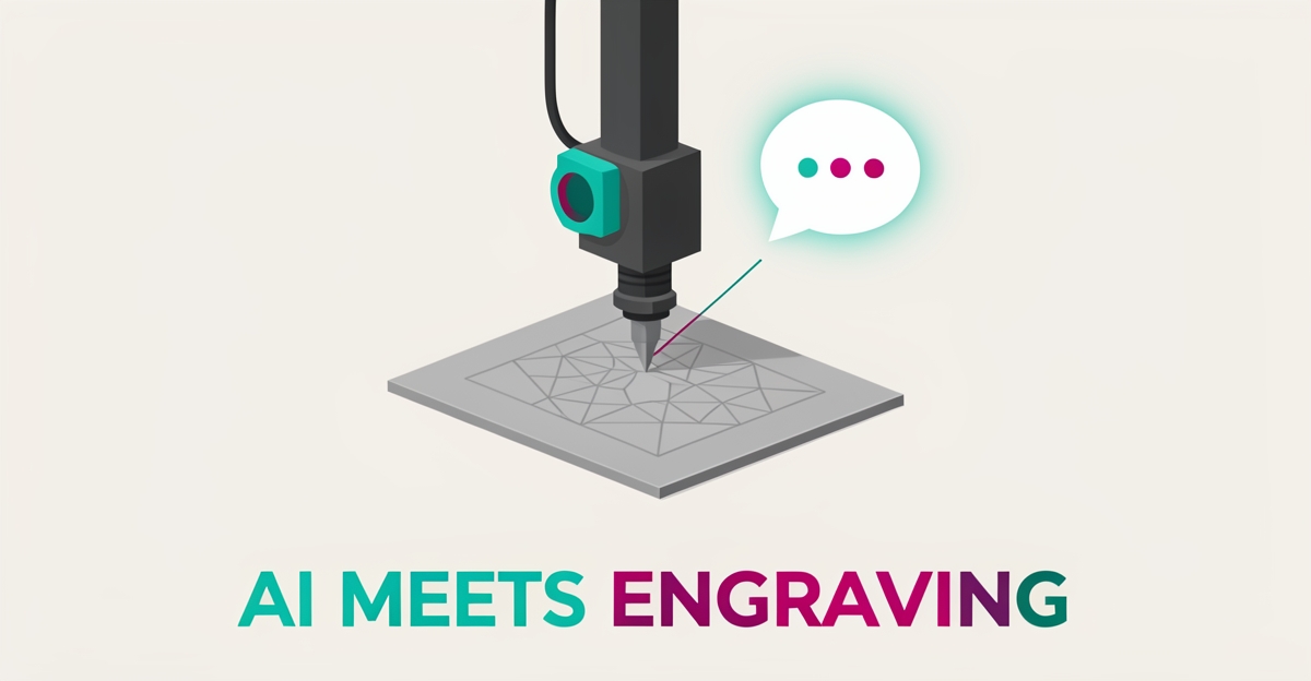 Flat illustration of a laser engraving machine etching metal with a glowing AI chat bubble, accented in teal and magenta.