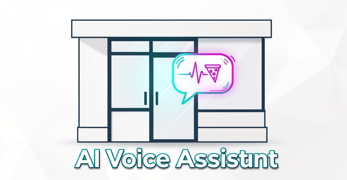 A minimalist flat illustration of a pizza restaurant with a digital speech bubble showing an AI voice assistant, accented in brand colors teal and magenta.
